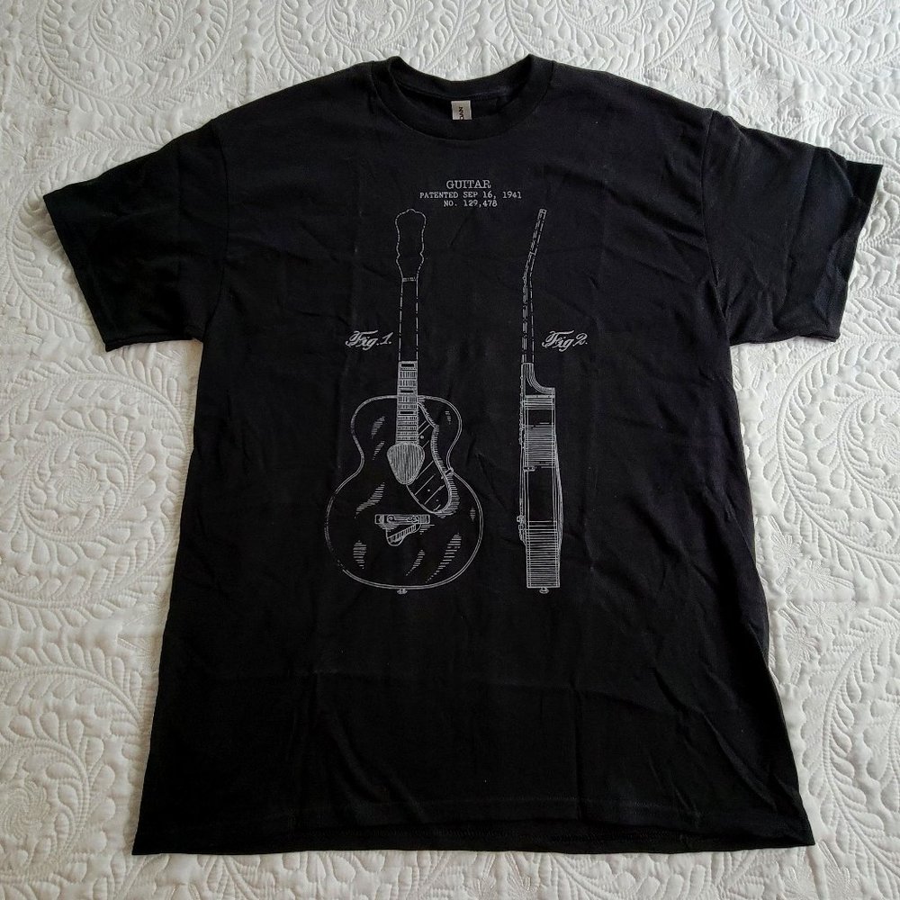 VINTAGE GUITAR PATENT SHORT SLEEVE T-SHIRT, BLACK SIZE L